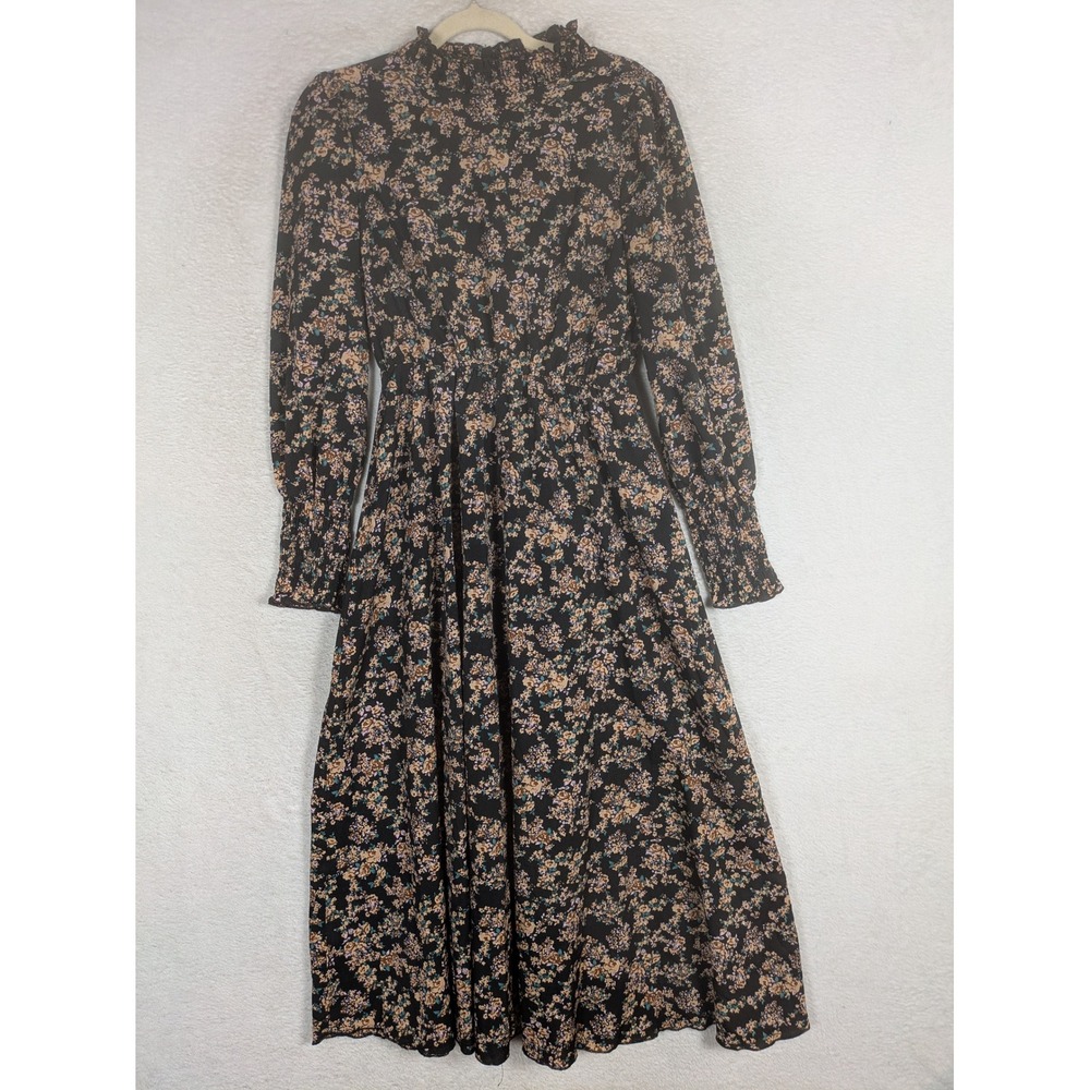 SHEIN Midi Dress Women's XS Black Floral Mock Neck Smocked Long Sleeve A-Line